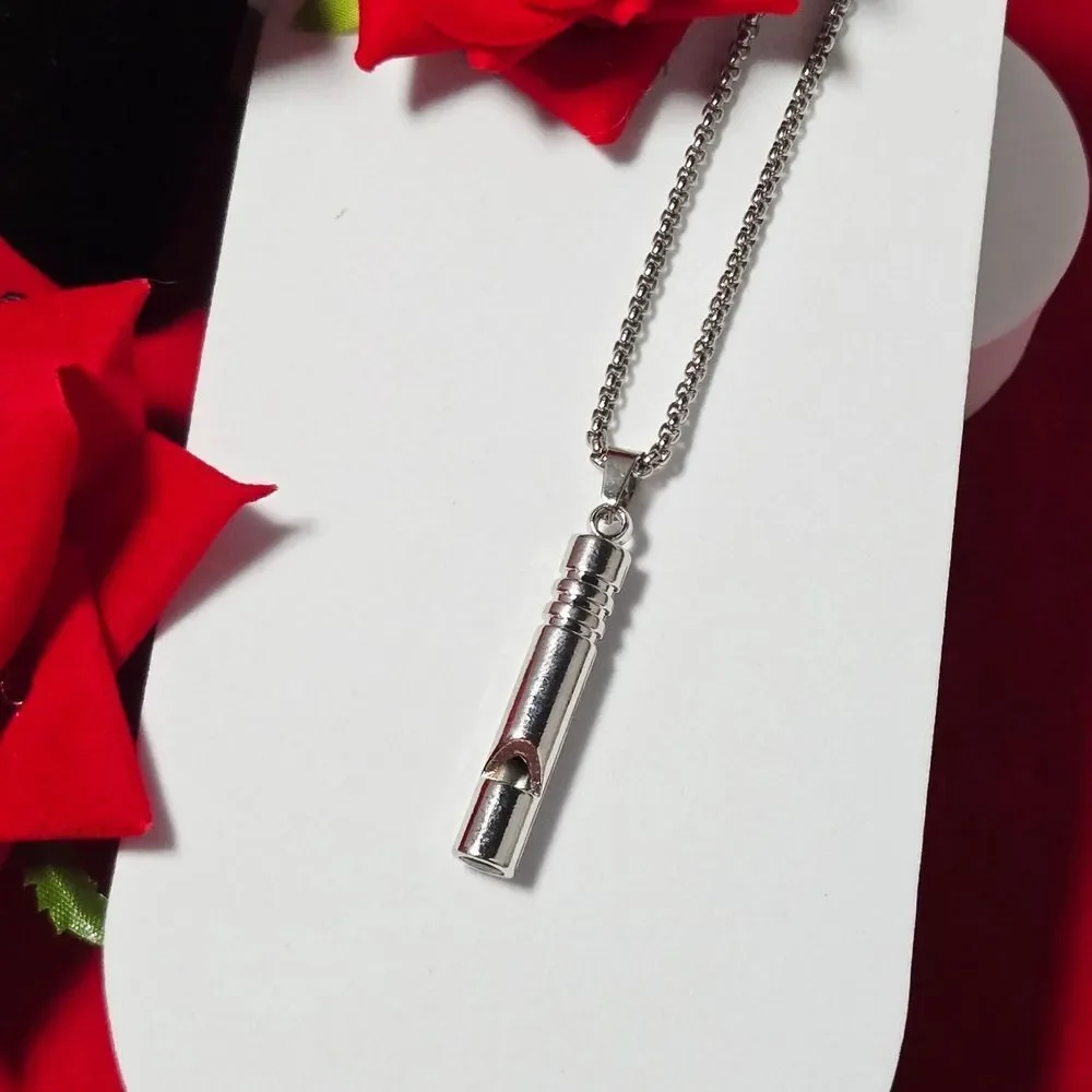 Silver Stainless Steel Whistle Pendant Necklace | Minimalist Cylinder Jewelry